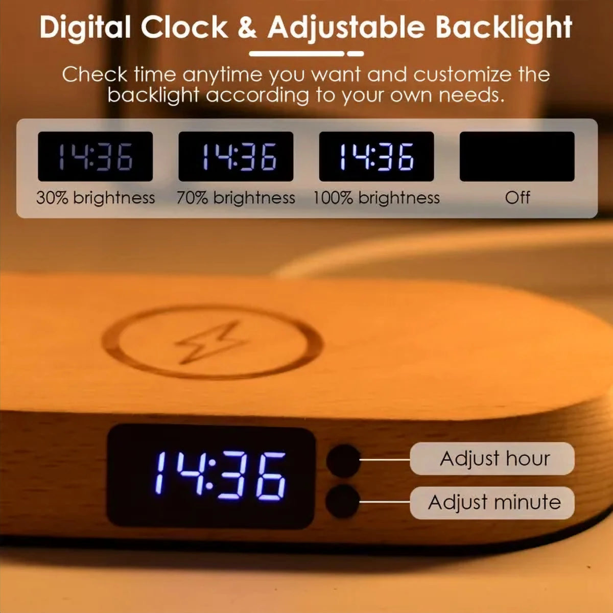 Digital clock with adjustable backlight on the bedside lamp