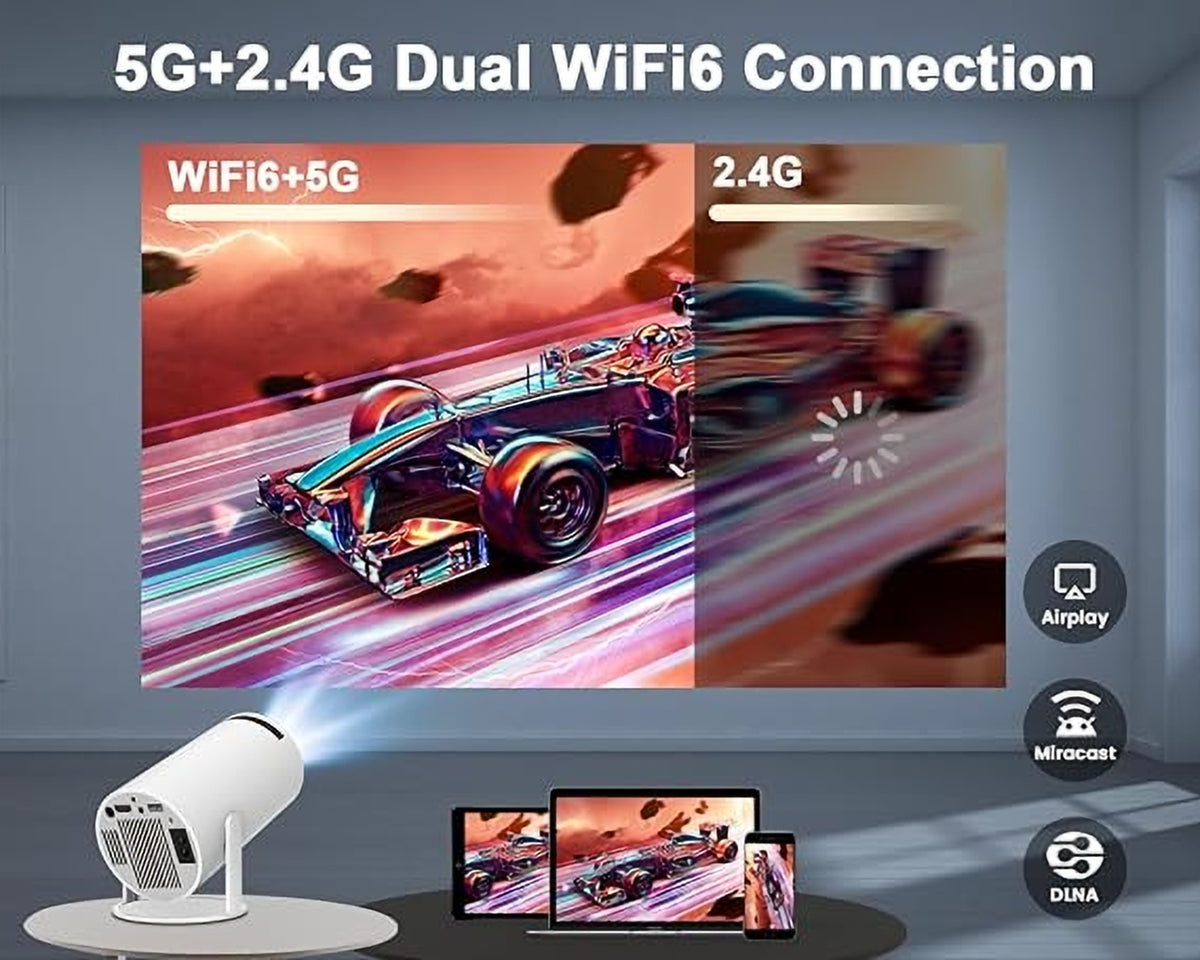 Mini projector with dual-band WiFi 6 streaming from a phone and tablet