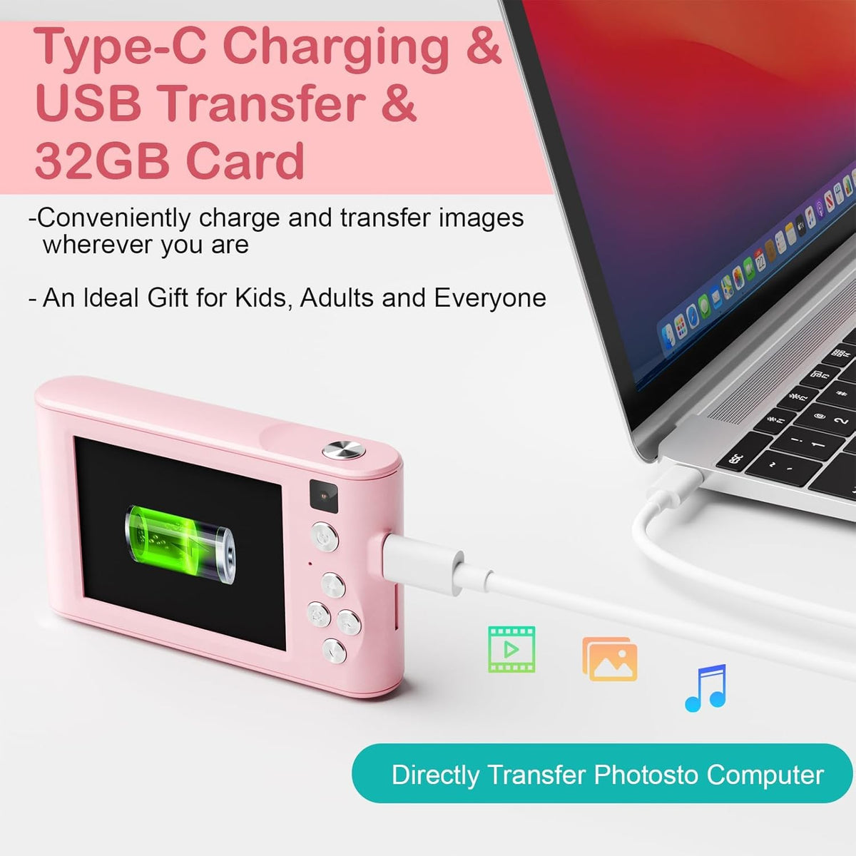 Kids camera USB-C charging and 32GB card