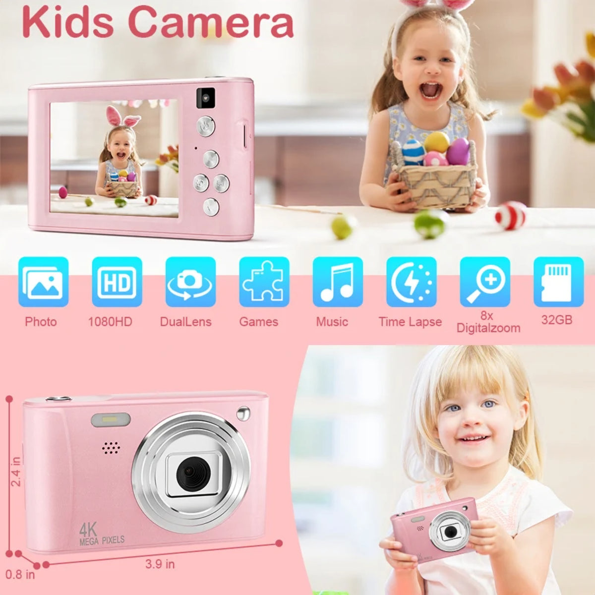 Kids camera functions and size