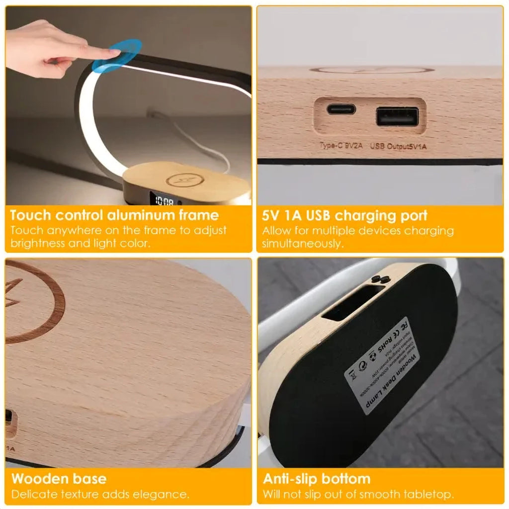 Bedside lamp touch frame, USB port and wooden base details