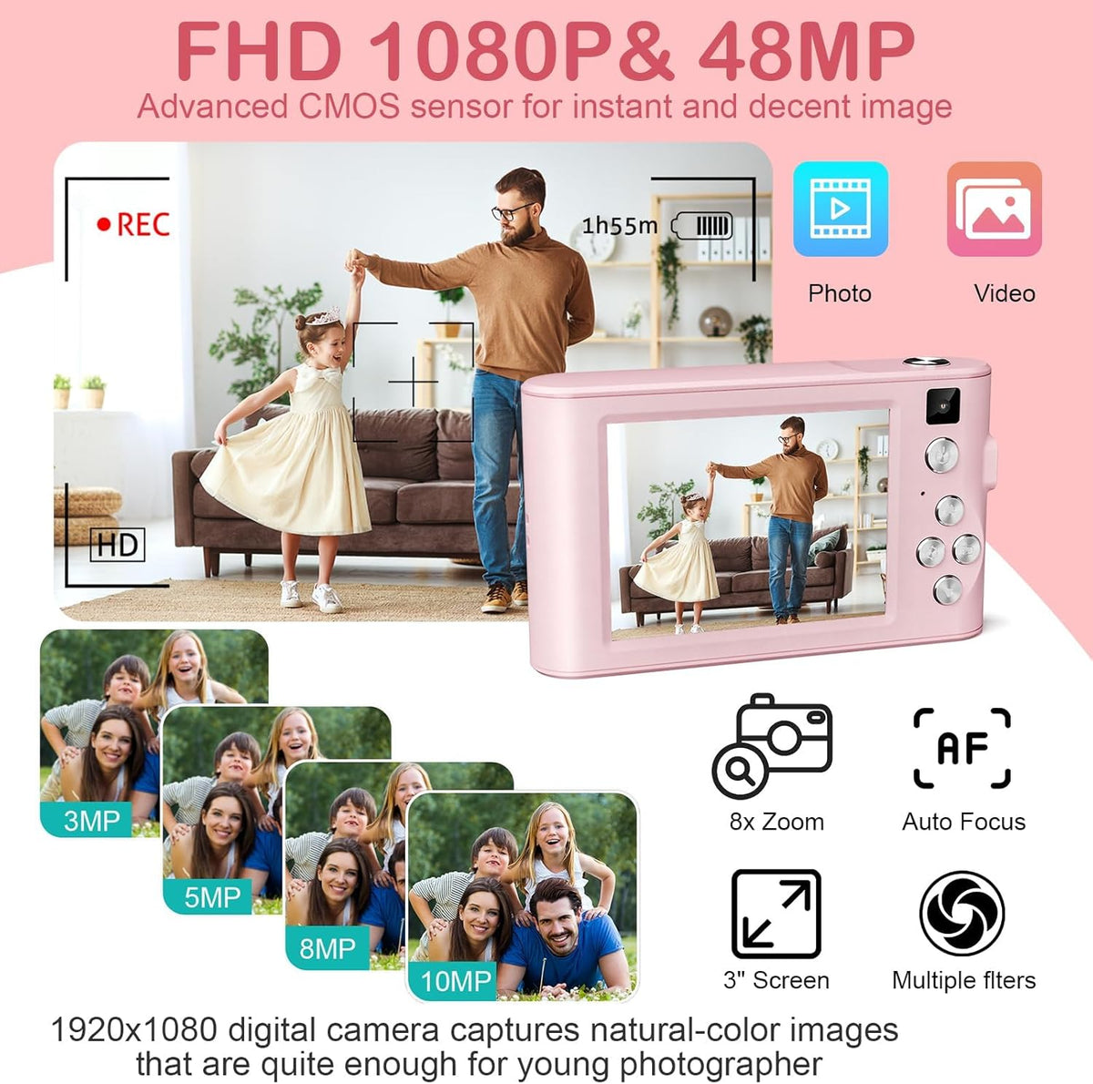 Kids camera 1080p video and photo features