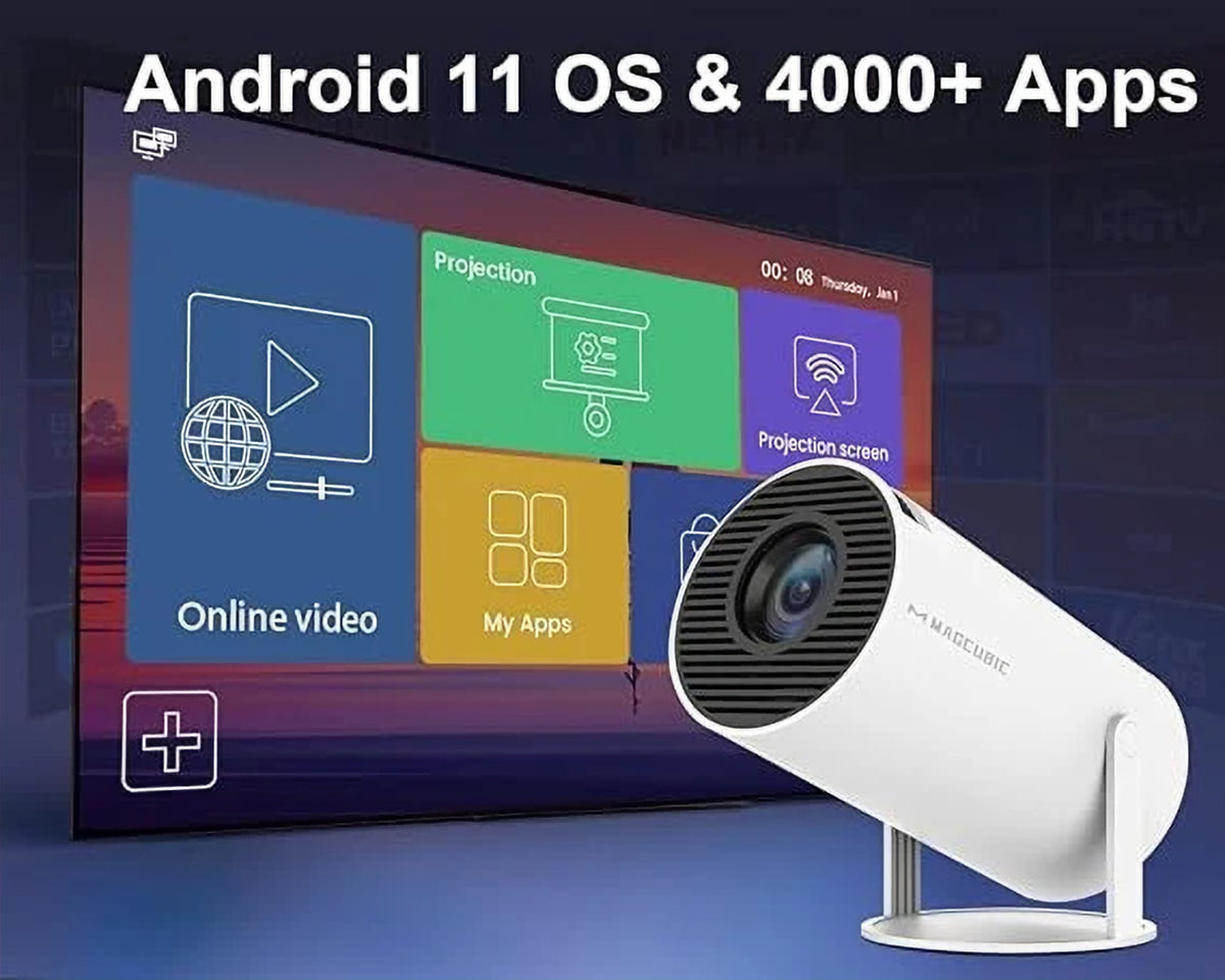 Smart mini projector showing Android home screen on a wall