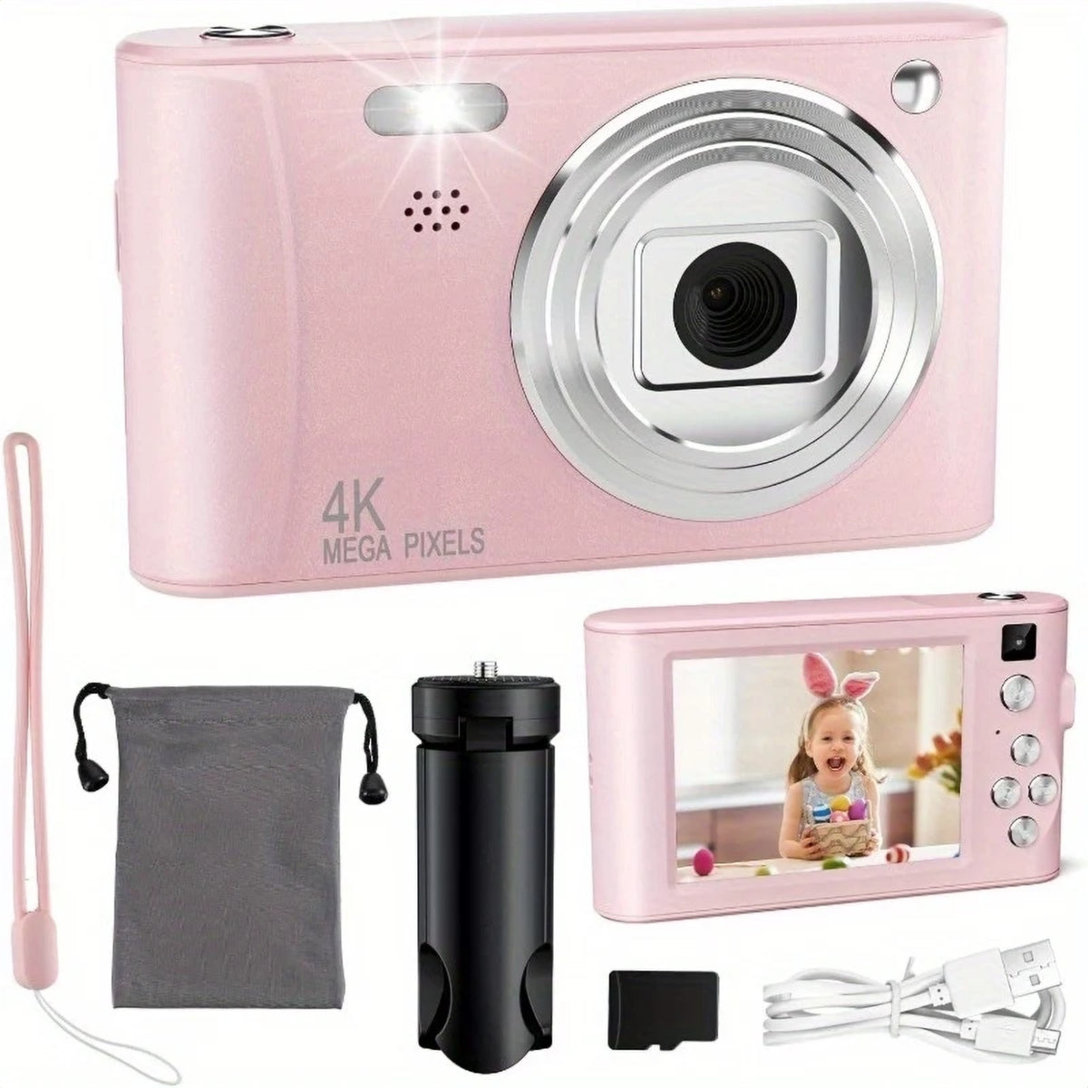 Pink kids digital camera with accessories