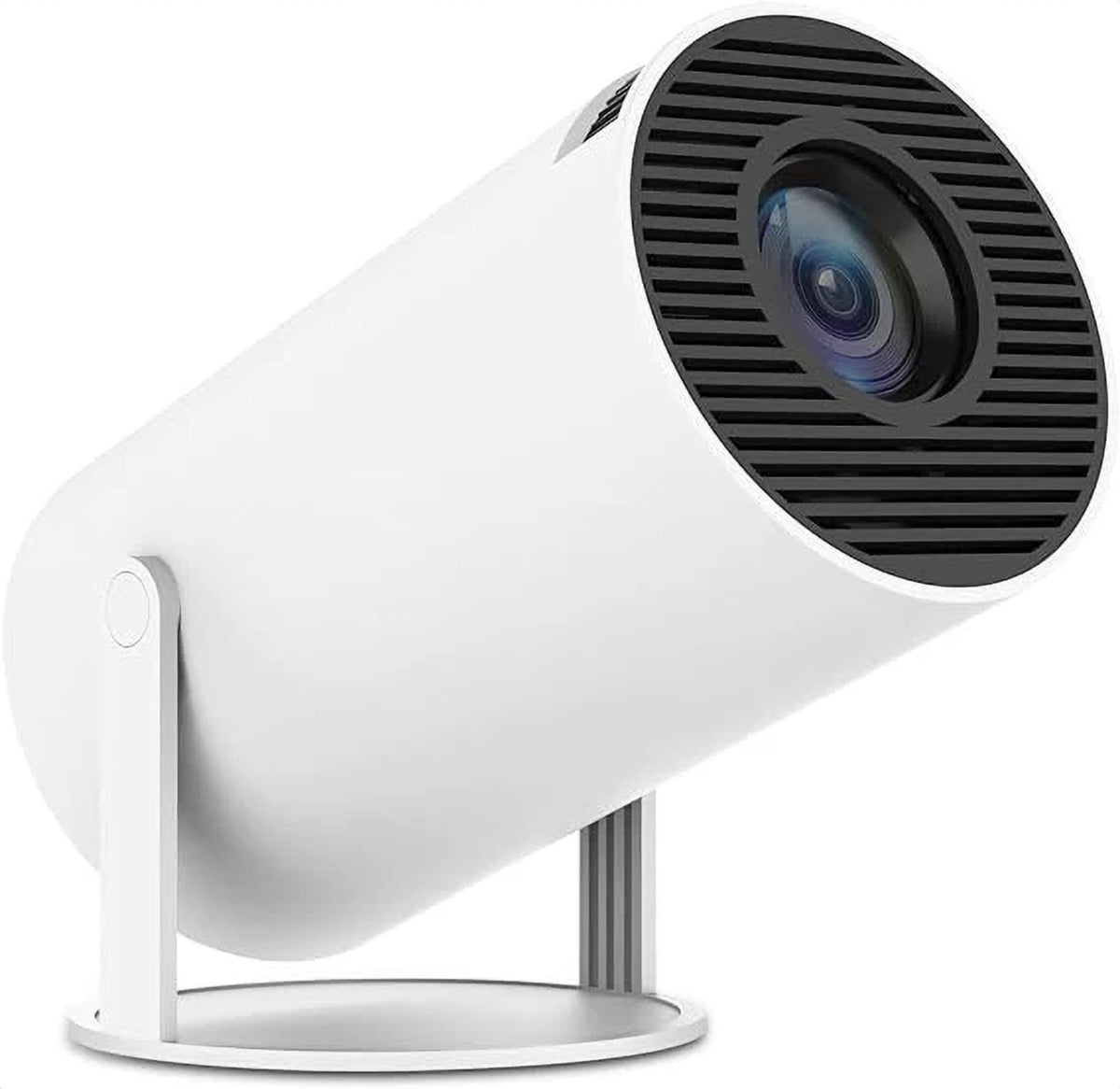 White mini projector on rotating stand, side view